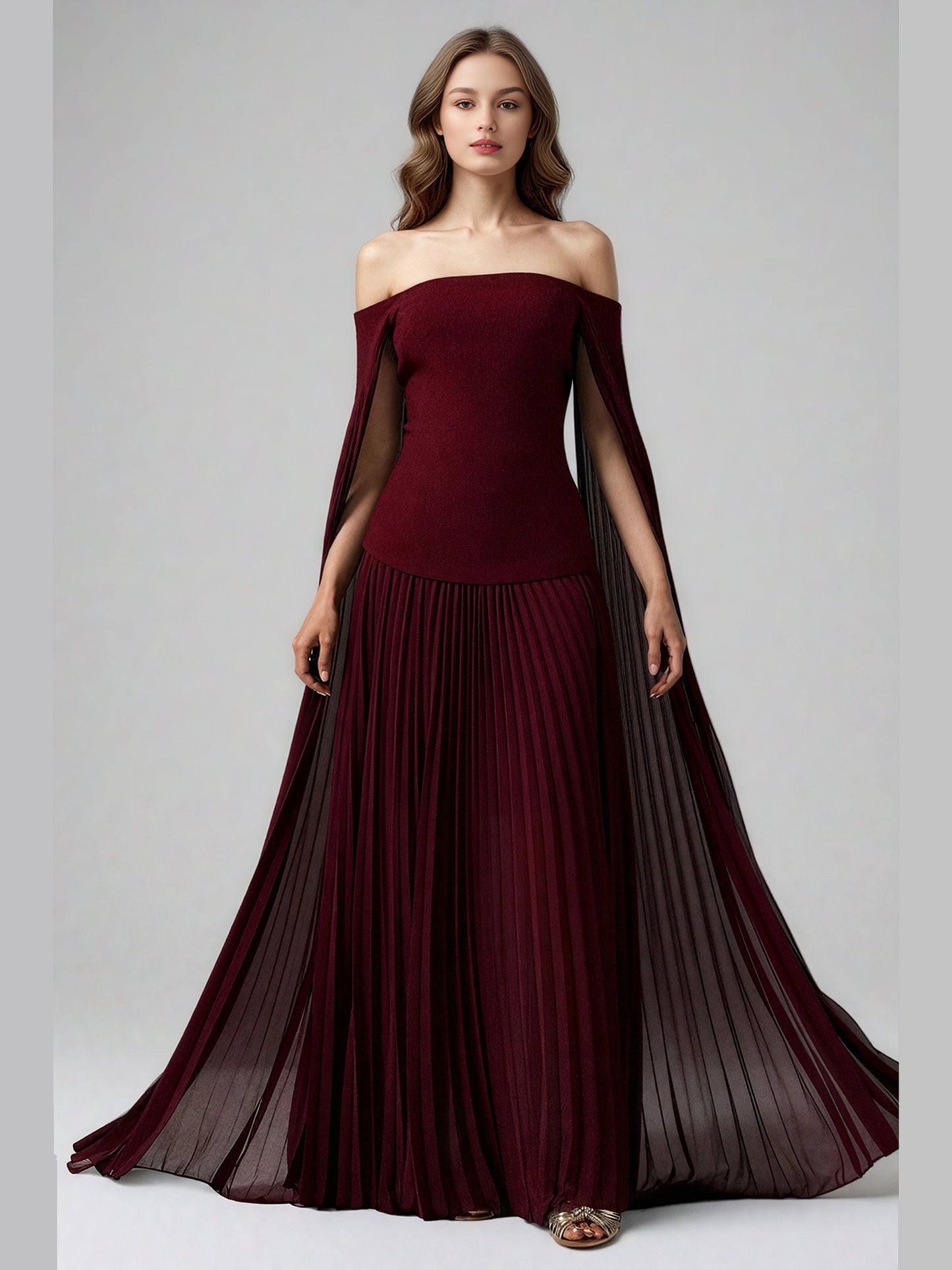 Elegant Burgundy Off - the - Shoulder Top and Pleated Skirt Set
