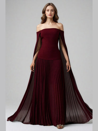Elegant Burgundy Off - the - Shoulder Top and Pleated Skirt Set