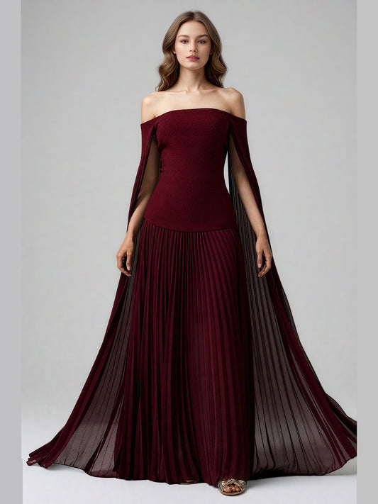 Elegant Burgundy Off - the - Shoulder Top and Pleated Skirt Set
