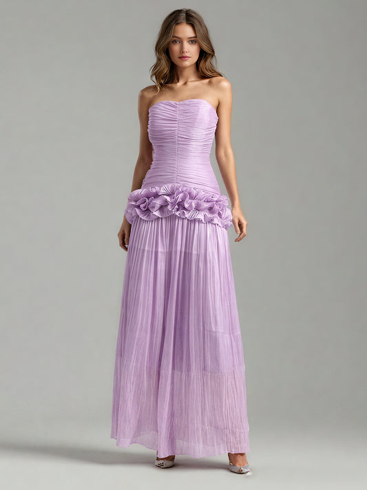 Elegant Lavender Strapless Maxi Dress with Ruffled Detail