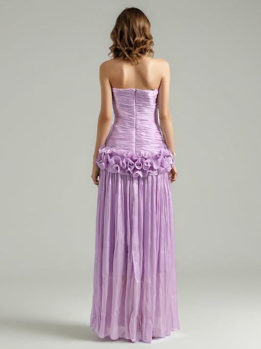 Elegant Lavender Strapless Maxi Dress with Ruffled Detail