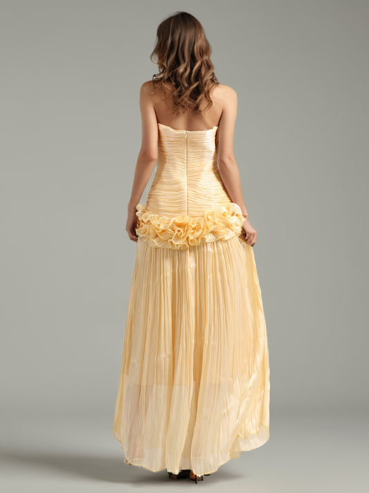 Elegant Yellow Strapless Maxi Dress with Ruffled Detail