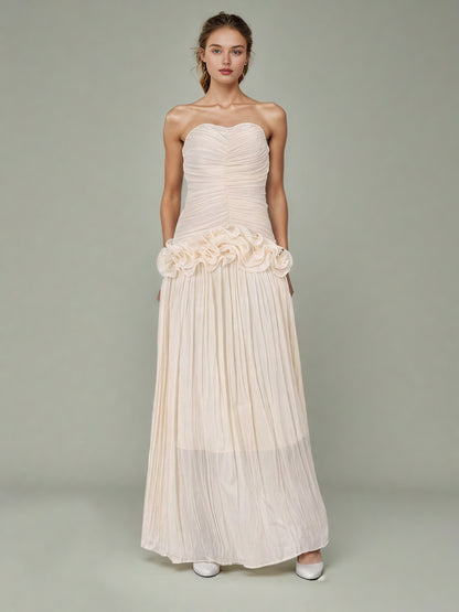 Elegant Apricot Strapless Maxi Dress with Ruffled Detail