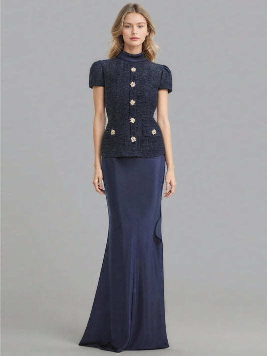 Glamorous Navy Blue Embellished Top and Skirt Set