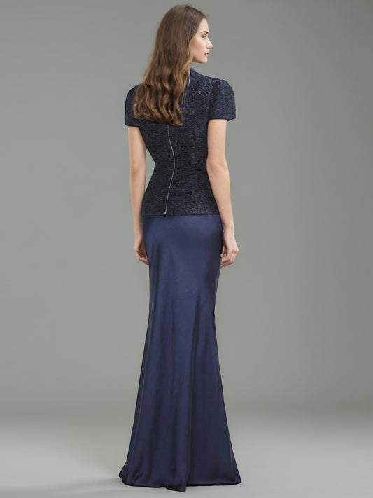 Glamorous Navy Blue Embellished Top and Skirt Set