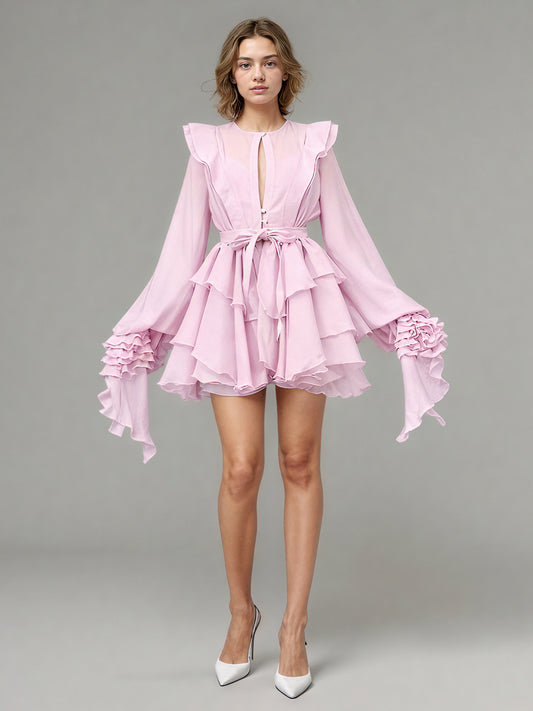 Romantic Pink Ruffled Tiered Mini Dress with Belt