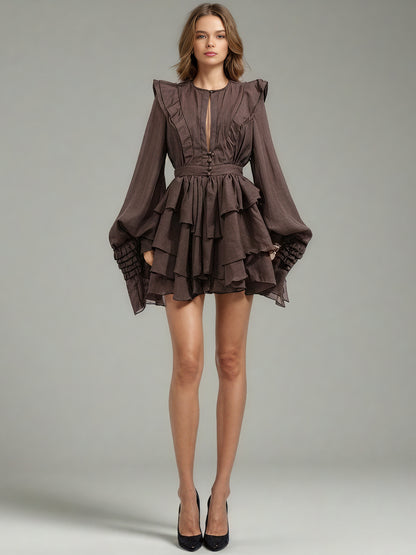 Sophisticated Coffee - Colored Ruffled Tiered Mini Dress with Belt