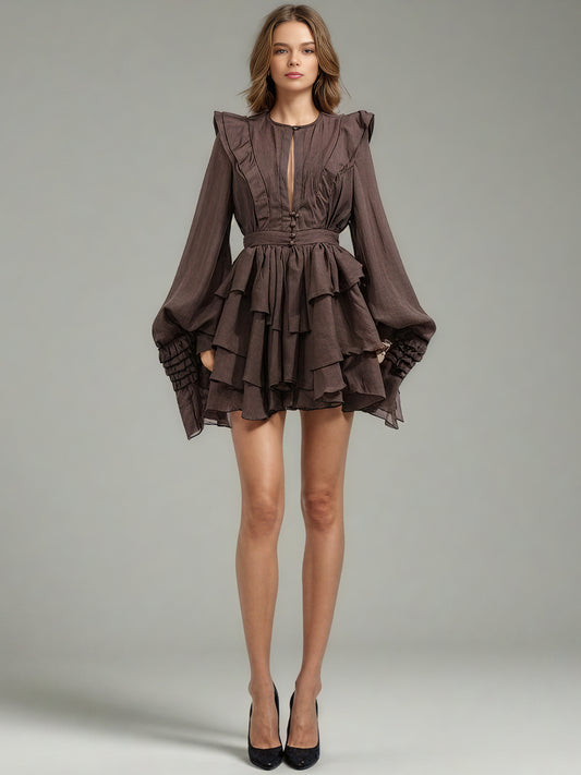 Sophisticated Coffee - Colored Ruffled Tiered Mini Dress with Belt