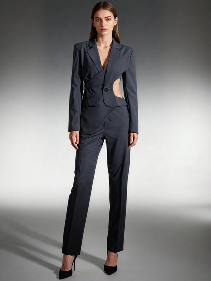 Edgy Gray Cutout Asymmetric Blazer with Belt Detail