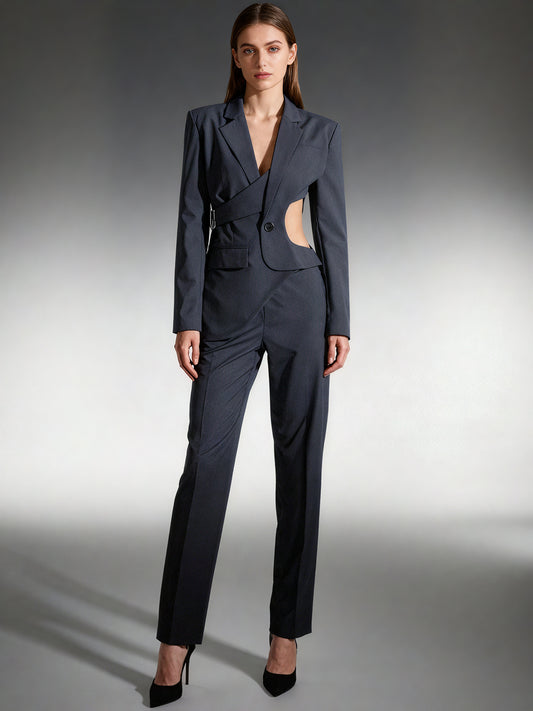 Edgy Gray Cutout Asymmetric Blazer with Belt Detail