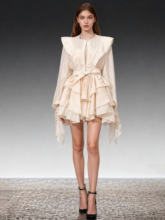 Romantic Apricot Ruffled Tiered Mini Dress with Belt