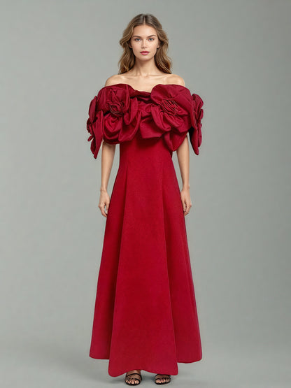 Statement Red Off - Shoulder Floral Applique Midi Dress.