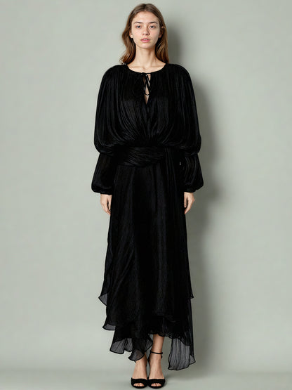 Gothic - Elegant Black Pleated Maxi Dress with Tie Neck and Sash.