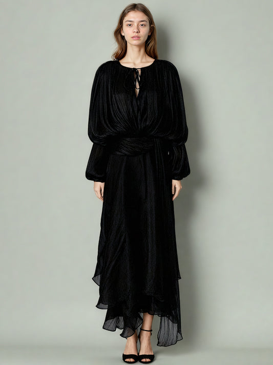 Gothic - Elegant Black Pleated Maxi Dress with Tie Neck and Sash.