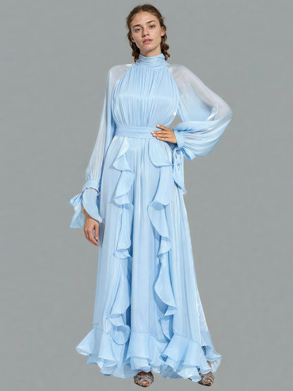 Ethereal Light Blue Ruffled Maxi Dress with Tie Cuffs.