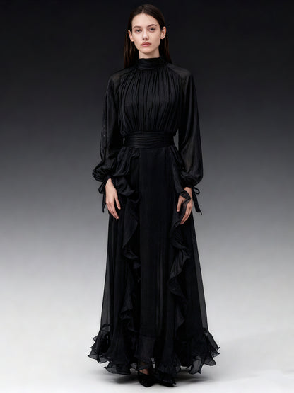 Gothic - Glam Black Ruffled Maxi Dress with Tie Cuffs and High Neck.