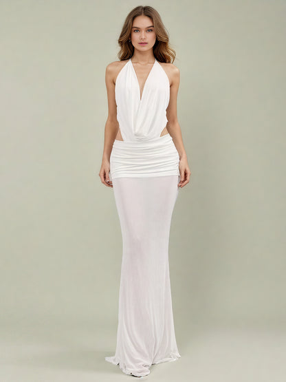 Elegant White Halter Neck Draped Maxi Dress.