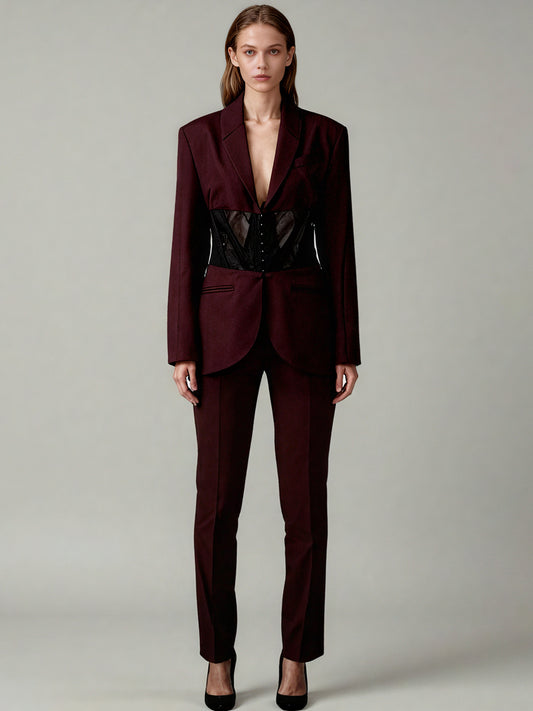 Avant - Garde Burgundy Blazer with Sheer Corset Detail.