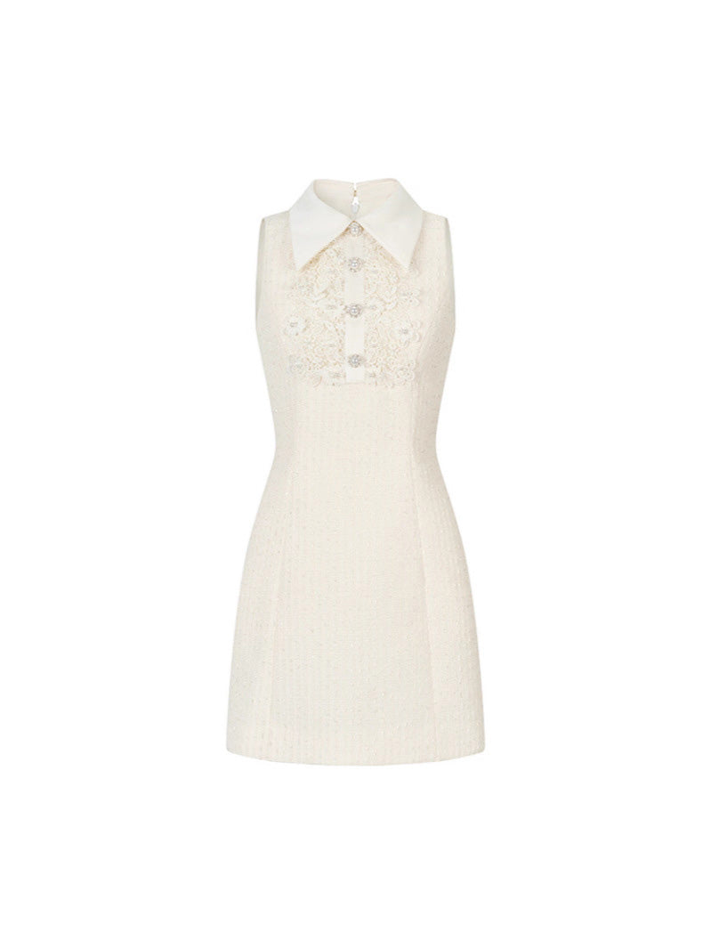 Solid Sleeveless Patchwork Pearls Short Dress