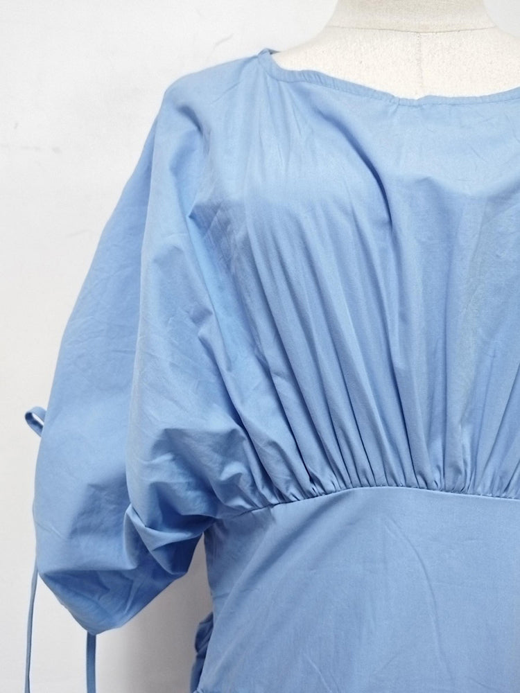 Blue Drawstring Ruched Midi Dress