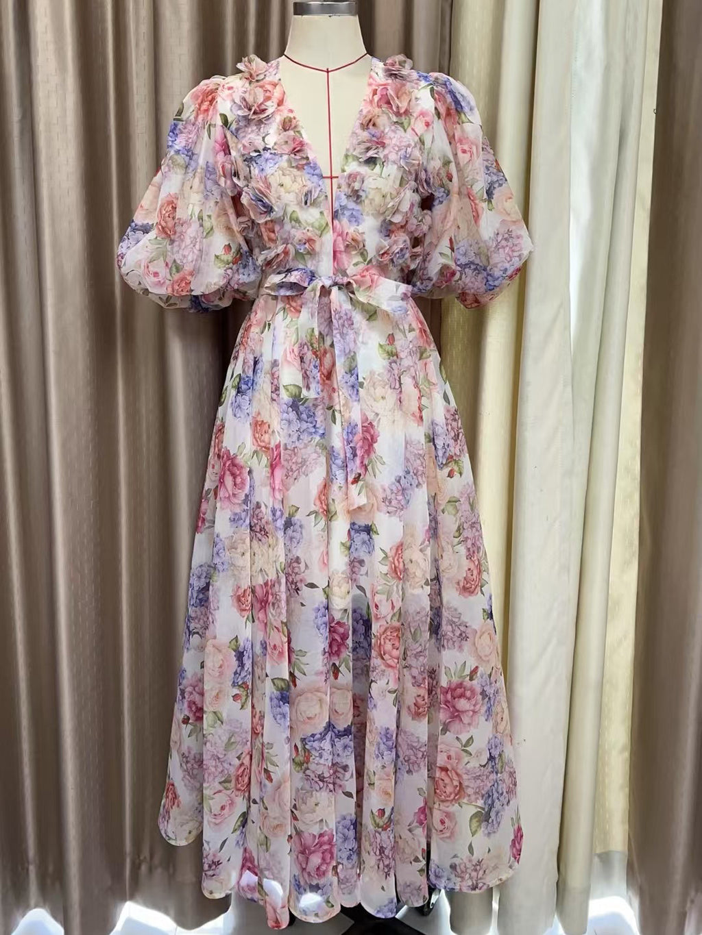 Print V-neck Pleated Long Dress