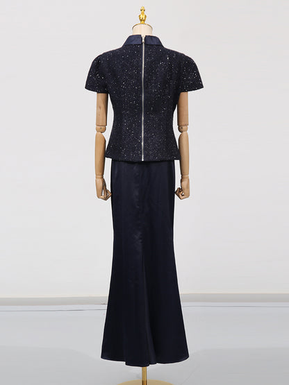 Glamorous Navy Blue Embellished Top and Skirt Set