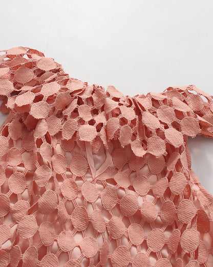 Peachpink Floral Neckline Crochet Tiered Maxi Dress