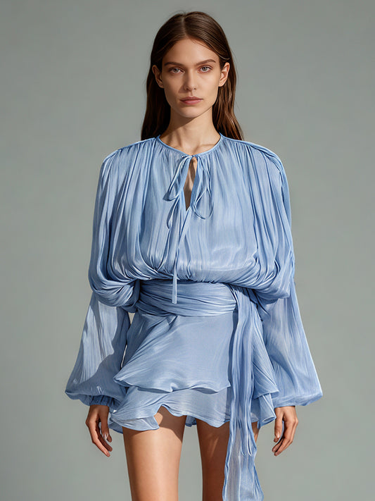 Charming Light Blue Tie - Neck Wrap Mini Dress