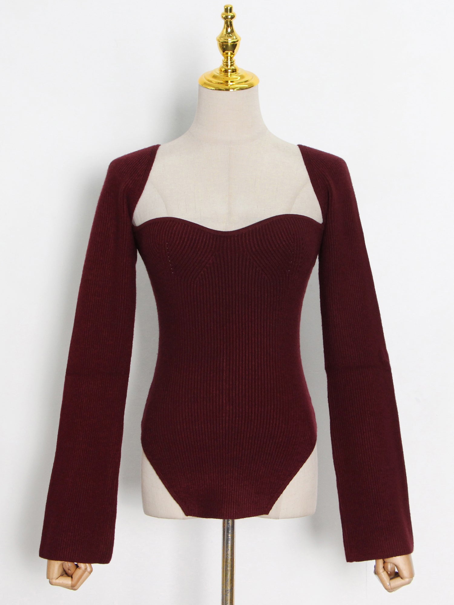 Elegant Burgundy Sweetheart Neckline Long - Sleeve Top