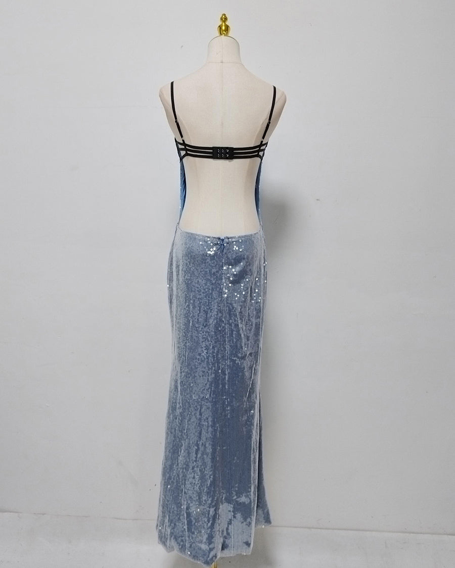 Blue Sequin  Black Lace Bustier Top Midi Dress
