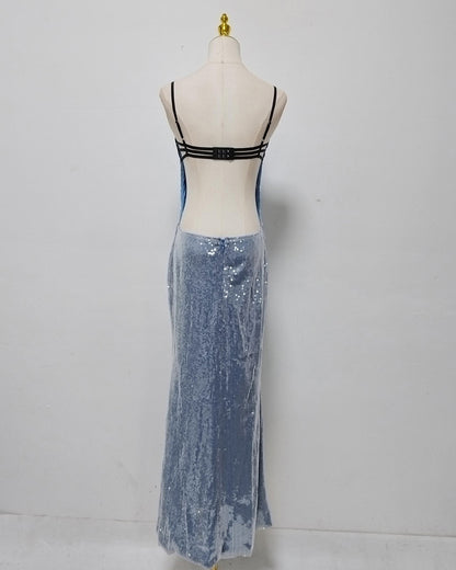 Blue Sequin  Black Lace Bustier Top Midi Dress