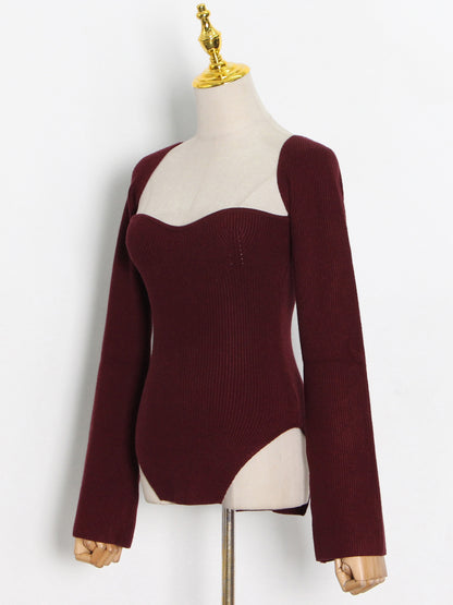Elegant Burgundy Sweetheart Neckline Long - Sleeve Top