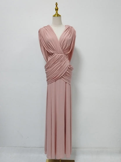 Pink Pleated Chiffon Wrap V-Neck Evening Gown
