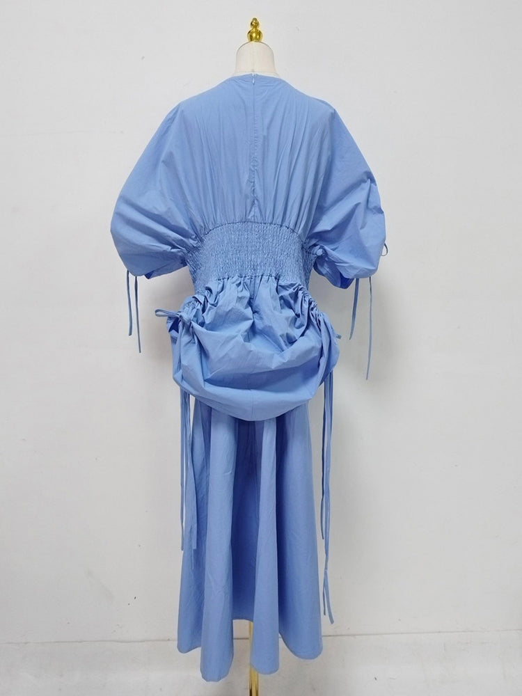Blue Drawstring Ruched Midi Dress