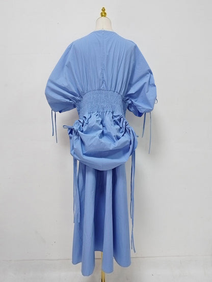 Blue Drawstring Ruched Midi Dress
