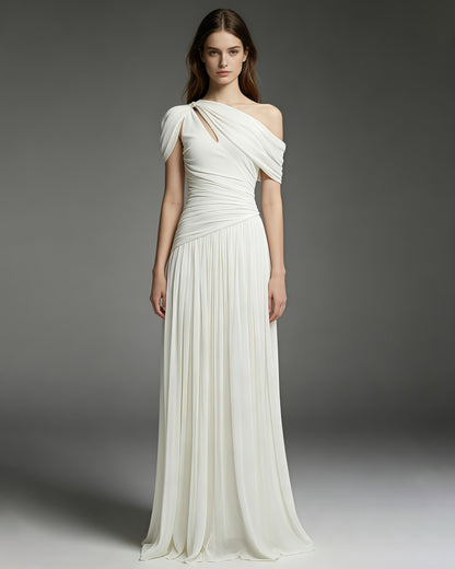 White Asymmetrical One-Shoulder Ruched Maxi Dress