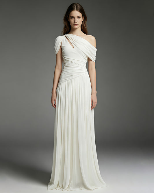 White Asymmetrical One-Shoulder Ruched Maxi Dress