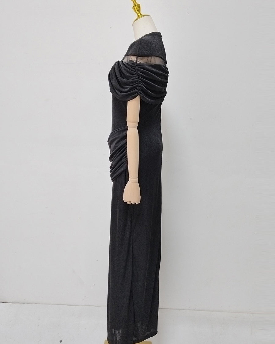 Black Off-Shoulder Ruched Bodycon Maxi Dress
