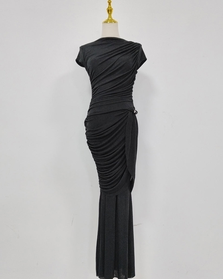Black Round Neck Ruched Woven Dress