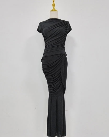 Black Round Neck Ruched Woven Dress