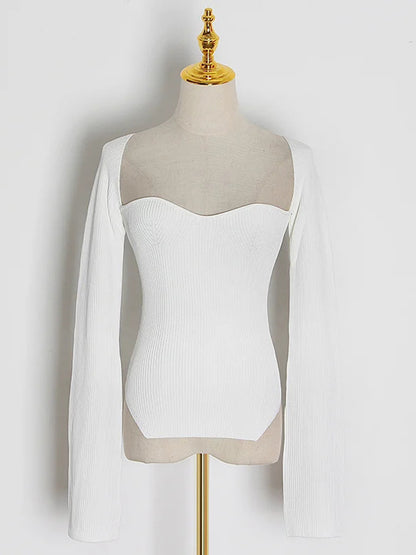 Elegant White Sweetheart Neckline Long - Sleeve Top