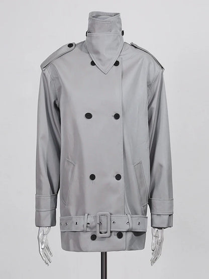 Modern Gray Double - Breasted Trench Coat with Belt.