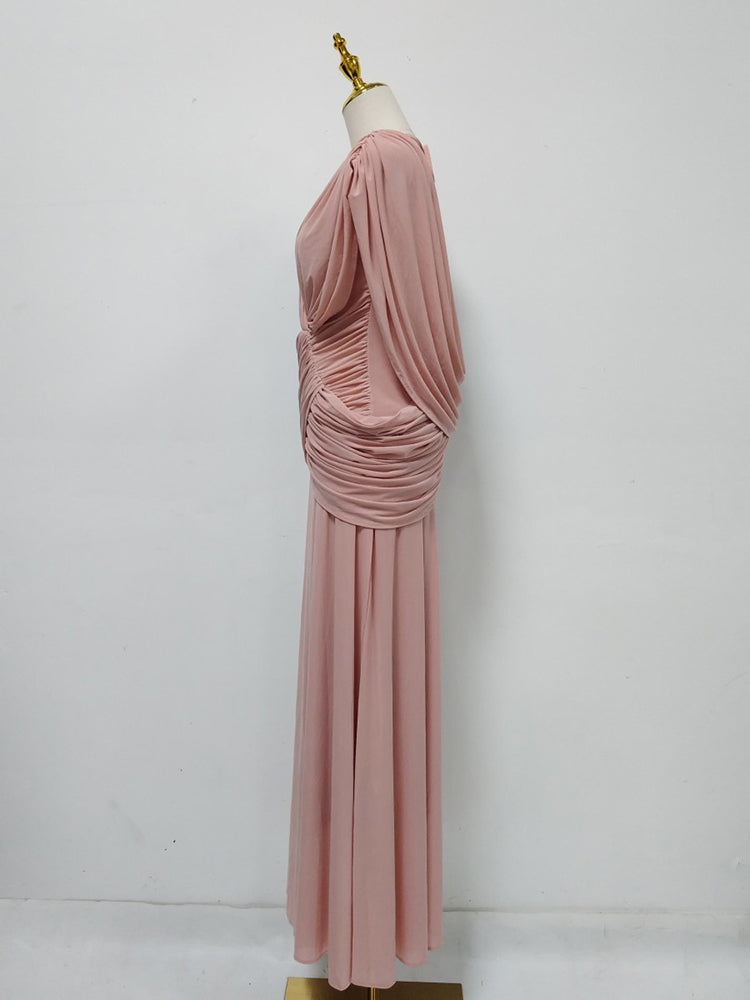 Pink Pleated Chiffon Wrap V-Neck Evening Gown