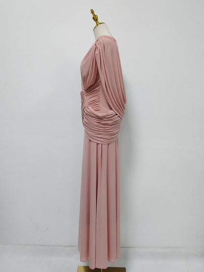 Pink Pleated Chiffon Wrap V-Neck Evening Gown