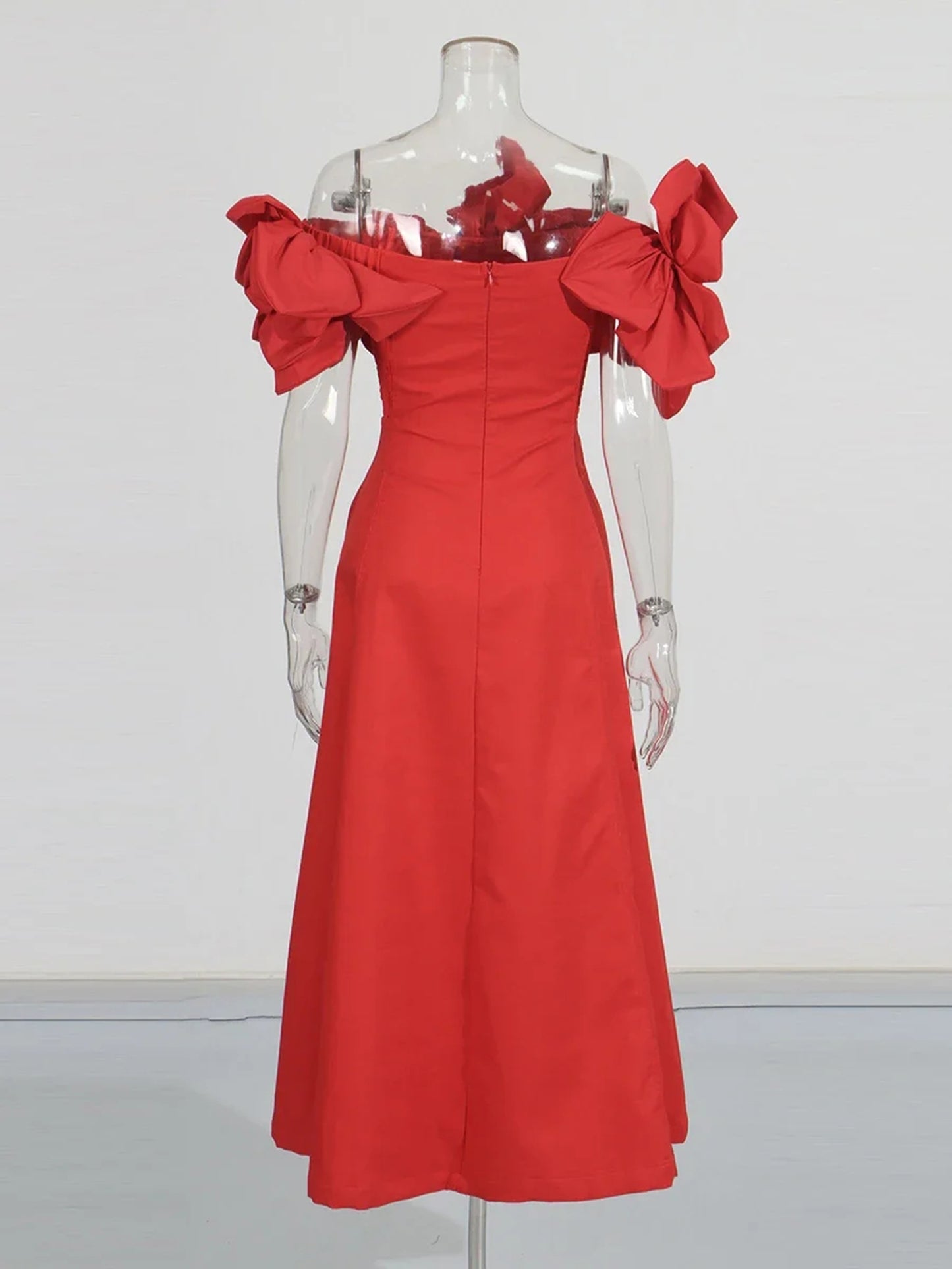 Statement Red Off - Shoulder Floral Applique Midi Dress.