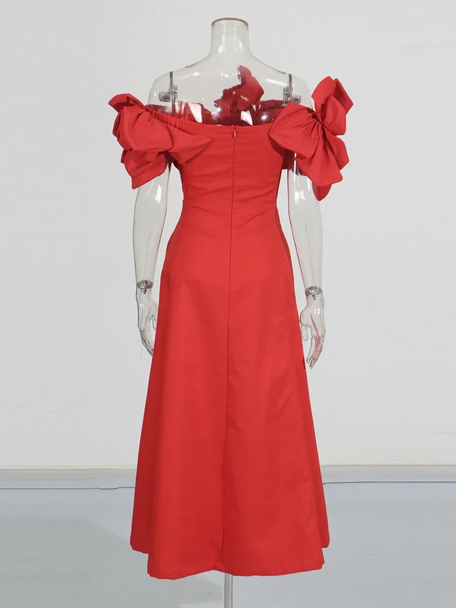 Statement Red Off - Shoulder Floral Applique Midi Dress.