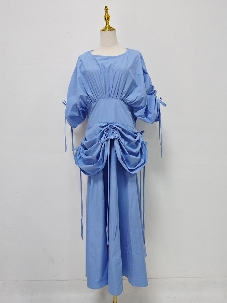 Blue Drawstring Ruched Midi Dress