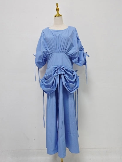 Blue Drawstring Ruched Midi Dress