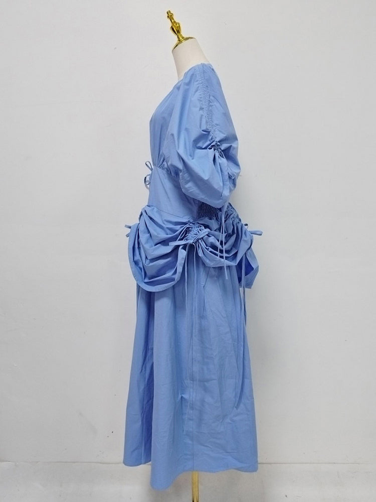 Blue Drawstring Ruched Midi Dress