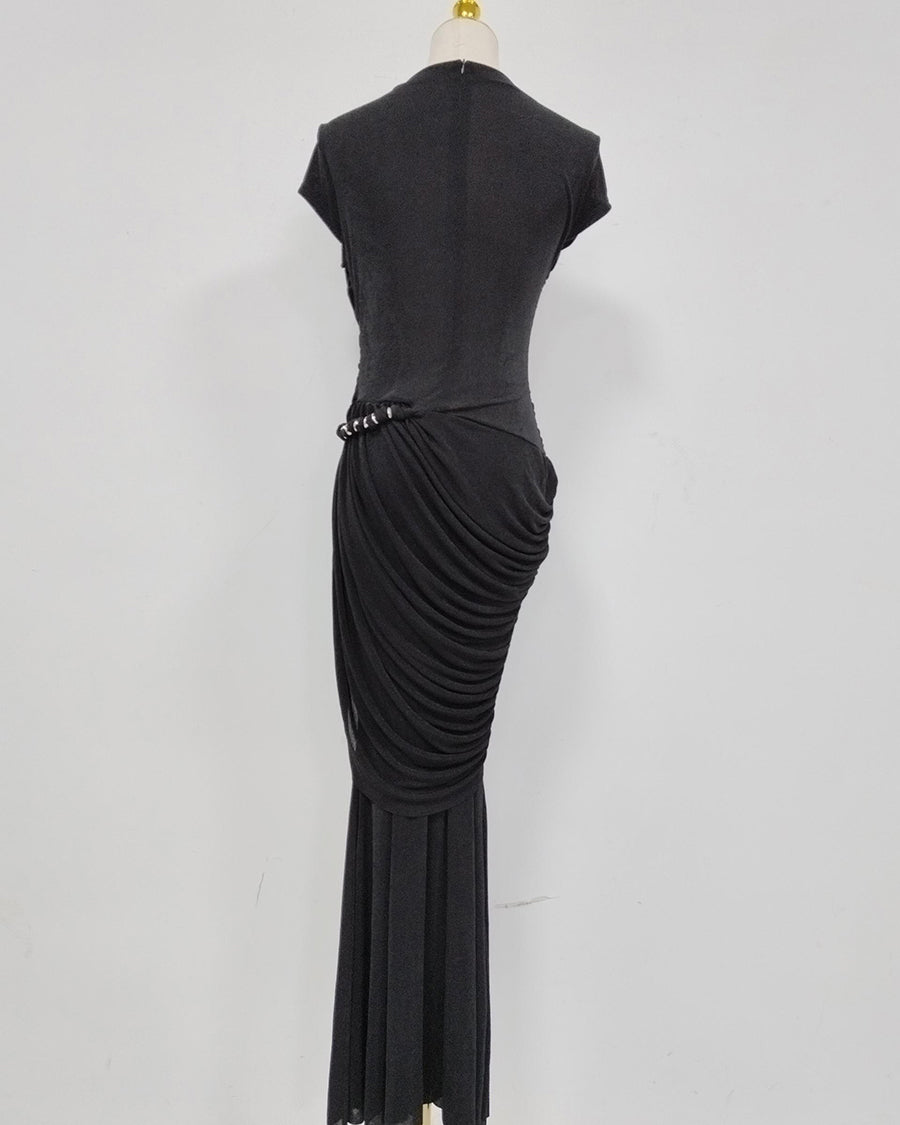 Black Round Neck Ruched Woven Dress